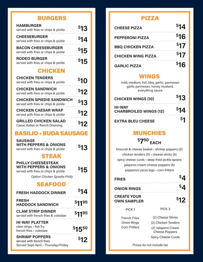 Hi-Way Bowl Menu